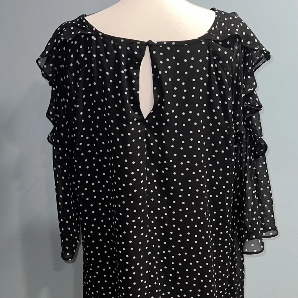 Black White Polka Dot Lined ruffle Sleeve Dress - Picture 2 of 6